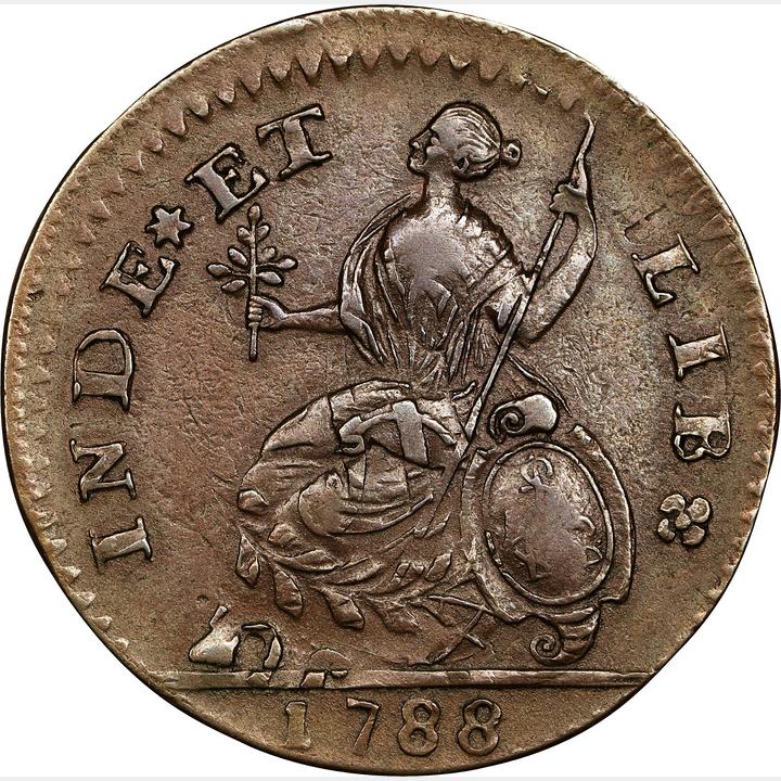 1788-Connecticut-Copper.-Miller-5-B.2,-W-4440.-Rarity-4+.-Mailed-Bust-Right-Overstruck-On-Nova-Cons